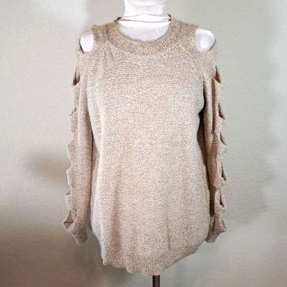 Sweater AZZ Trading Inc Women’s Tan Heather Cold Shoulder Cutout Sleeves Size L - Picture 1 of 10